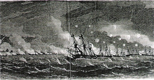 薩英戦争で鹿児島城下を砲撃する英国艦隊